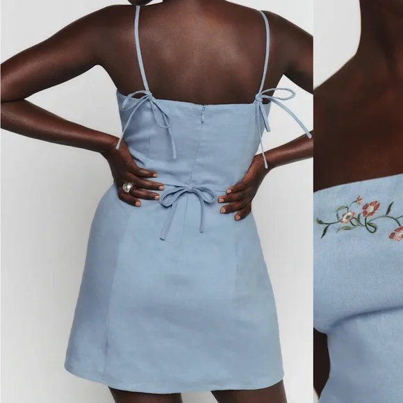 Reformation Floral Embroidered Linen Tovianna Dress Short Bow Tie Straps - Picture 3 of 5
